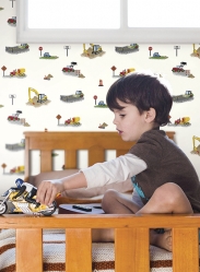 Παιδική ταπετσαρία τοίχου με μηχανήματα και εσκαφείς από τη συλλογή Waverly Kids. Can you dig it?