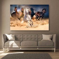 Πίνακας σε καμβά Horse herd run in desert sand storm against dramatic sky