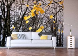 Φωτοταπετσαρία τοίχου με δέντρα σε ασπρόμαυρο φόντο και κίτρινα φύλλα