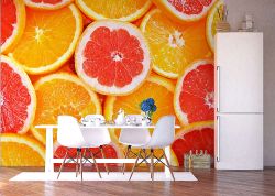 Φωτοταπετσαρία τοίχου με ζουμερά κίτρινα και κόκκινα πορτοκάλια