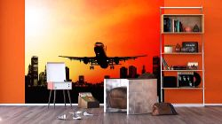 Φωτοταπετσαρία τοίχου με θέμα ένα αεροπλάνο που απογειώνεται πάνω απο μια πόλη
