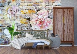 Φωτοταπετσαρία τοίχου με ανθισμένα λουλούδια σε πέτρινο τοίχο
