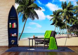 Φωτοταπετσαρία τοίχου με θέμα μια παραλία με φοίνικες σε ένα τροπικό νησί
