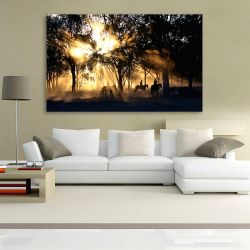 Πίνακας σε καμβά - Άλογα στο δάσος με ηλιοβασίλεμα