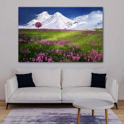 Πίνακας σε καμβά  Paradise field in frond of snowy mountain